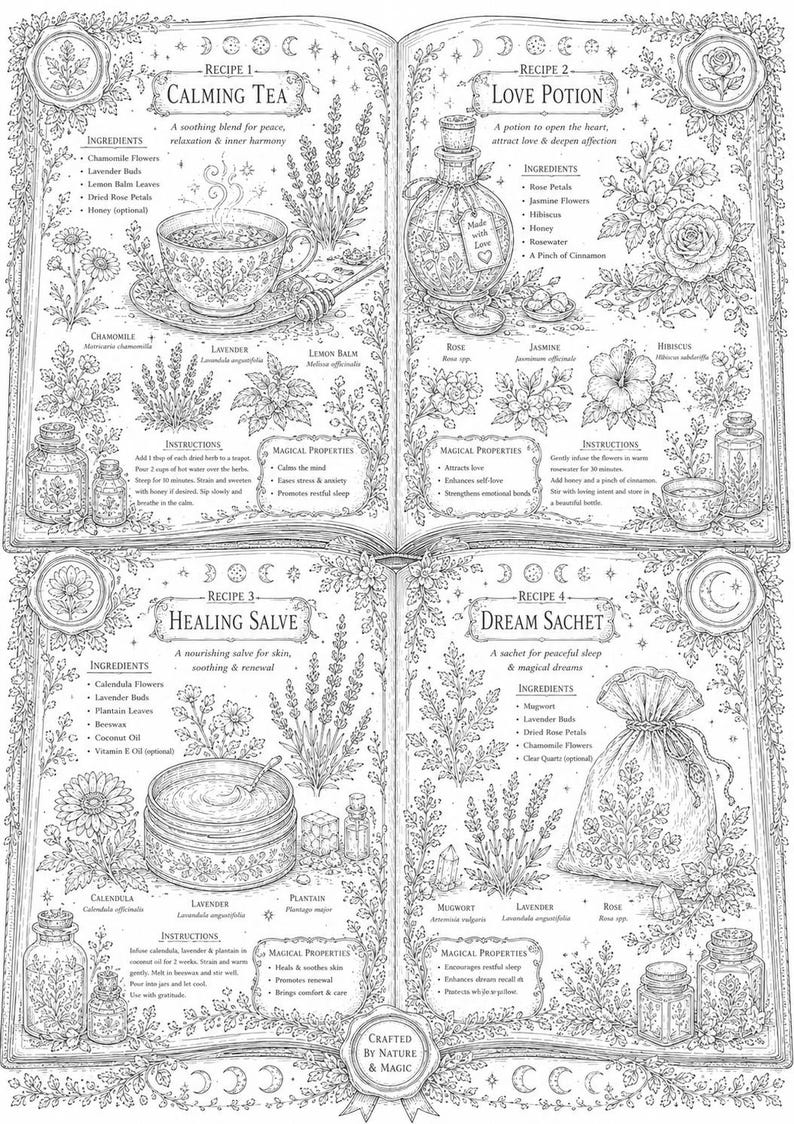 May include: A black and white line art illustration of an open book featuring four recipes: Calming Tea, Love Potion, Healing Salve, and Dream Sachet. Each section includes botanical drawings, ingredient lists, instructions, and magical properties.