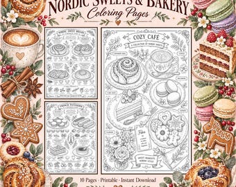 May include: A digital colouring book set titled Nordic Sweets & Bakery featuring ten printable pages. The collection includes detailed line art illustrations of cinnamon rolls, macarons, cakes, and cookies, surrounded by decorative floral borders.