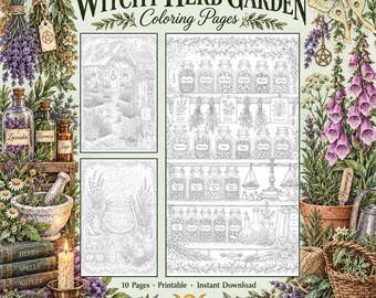 May include: A collection of Witchy Herb Garden colouring pages featuring line art illustrations of apothecary shelves with glass jars, a cottage, and a mortar and pestle. The design includes botanical borders of lavender, foxglove, and herbs.