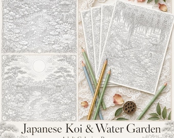 May include: A set of ten colouring pages featuring intricate black and white line art of Japanese koi ponds, stone lanterns, bridges, and lotus flowers. The collection includes coloured pencils and is titled Japanese Koi & Water Garden Adult Colouring Pages.