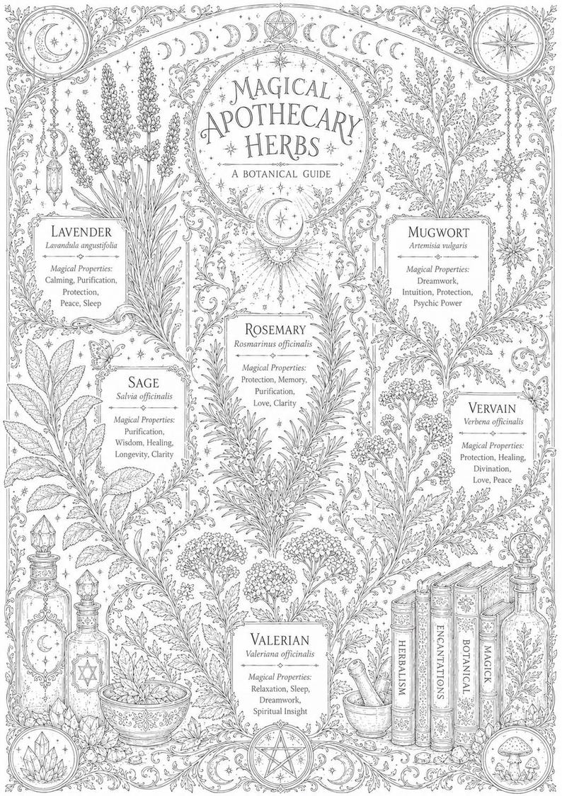 May include: A black and white botanical illustration titled Magical Apothecary Herbs, A Botanical Guide. It features detailed drawings of lavender, sage, rosemary, mugwort, vervain, and valerian, alongside apothecary bottles, books, and crystals.