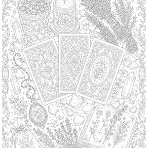 May include: A black and white line art illustration featuring three rectangular tarot cards, a lit candle, a potted plant, bundles of dried herbs, a small drawstring pouch, a locket, crystals, and an open book with botanical sketches of flowers.