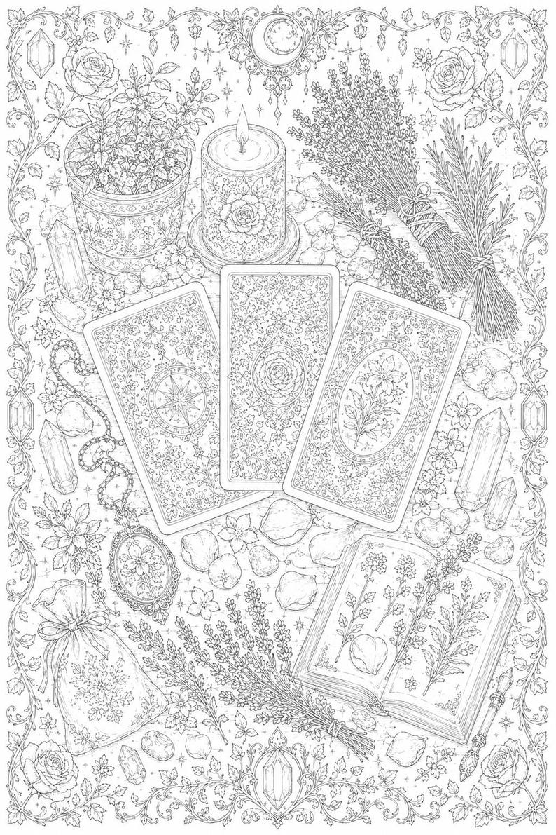 May include: A black and white line art illustration featuring three rectangular tarot cards, a lit candle, a potted plant, bundles of dried herbs, a small drawstring pouch, a locket, crystals, and an open book with botanical sketches of flowers.