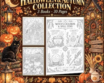 May include: A Halloween and Autumn collection of three adult colouring books with 30 pages total. The cover features a black cat, pumpkins, lanterns, and a house, with a central page titled Witch's Cauldron and Spell Items showing line art.