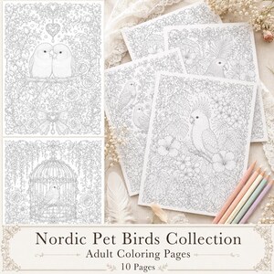 Op de afbeelding: Een verzameling van tien kleurplaten voor volwassenen met gedetailleerde lijntekeningen van diverse vogels, waaronder papegaaien en zangvogels, omringd door bloemmotieven. De tekst "Nordic Pet Birds Collection Adult Coloring Pages 10 Pages" staat onderaan gedrukt.