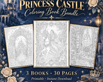 May include: A Princess Castle Coloring Book Bundle featuring three books with 30 pages total. The cover displays the text Princess Castle Coloring Book Bundle, 3 Books, 30 Pages, Printable, Instant Download, with illustrations of a castle and horse.