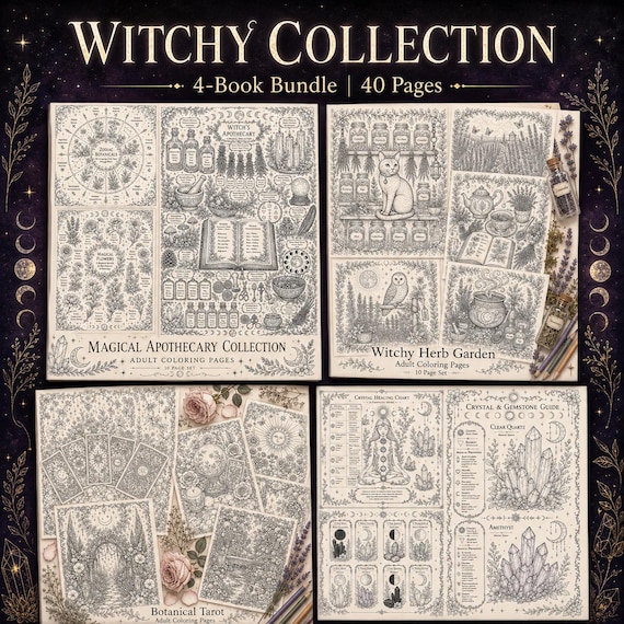 Witchy Coloring Book Bundle: 40 Apothecary, Tarot and Crystal Pages, Instant Download PDF