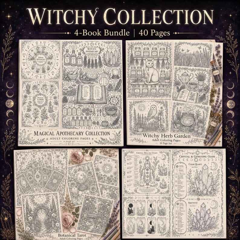 Witchy Coloring Book Bundle: 40 Apothecary, Tarot and Crystal Pages, Instant Download PDF image 1