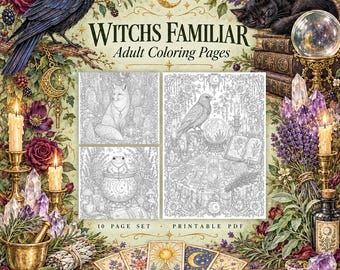 Witch's Familiar Adult Coloring Pages: 10 Black Cat, Raven and Owl Designs, Instant Download PDF