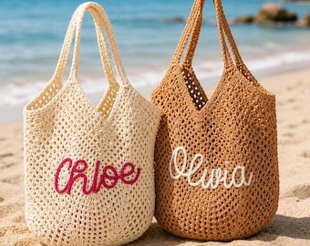 Personalized Crochet Beach Bag, Custom Name Straw Tote, Woven Summer Shoulder Bag
