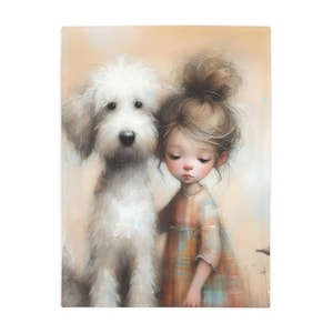 May include: A soft, pastel-toned illustration of a girl and a dog. The girl, with her hair up, wears a plaid dress. The dog is white and fluffy, standing close to the girl. The artwork has a gentle, dreamlike quality.