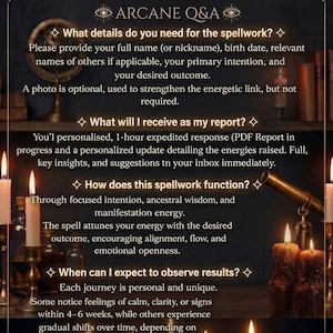 Peut inclure: Un graphique informatif au th&egrave;me sombre intitul&eacute; Vesperaspell Arcane Wisdom & Truth. Le texte pr&eacute;sente un processus de questions-r&eacute;ponses arcaniques, d&eacute;taillant les exigences pour le travail de sortil&egrave;ge, la livraison du rapport et les d&eacute;lais.