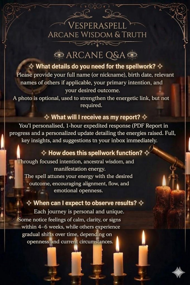 Peut inclure: Un graphique informatif au th&egrave;me sombre intitul&eacute; Vesperaspell Arcane Wisdom & Truth. Le texte pr&eacute;sente un processus de questions-r&eacute;ponses arcaniques, d&eacute;taillant les exigences pour le travail de sortil&egrave;ge, la livraison du rapport et les d&eacute;lais.
