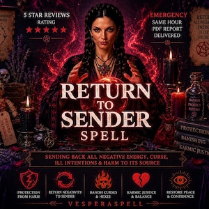 Può includere: Immagine promozionale per un servizio di incantesimi. Il testo centrale recita "Return to Sender Spell". L'immagine presenta una donna, candele, libri e una bambola voodoo. Il testo aggiuntivo recita "Rimandando indietro tutta l'energia negativa, la maledizione, le cattive intenzioni e i danni alla sua fonte."