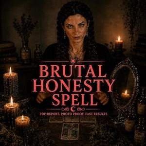 May include: An image featuring a woman with dark hair and jewelry, centered in front of a table. The text "BRUTAL HONESTY SPELL" is displayed prominently. Lit candles and bottles of oil are visible, along with tarot cards.
