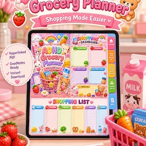 May include: A digital ADHD Grocery Planner displayed on a tablet screen, featuring a colorful interface with cartoon characters, a shopping dashboard, and a categorized shopping list. The design includes icons for dairy, protein, produce, snacks, bakery, and drinks.