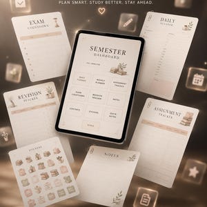 May include: Digital student survival kit with a tablet and several printable pages, including a semester dashboard, daily planner, and assignment tracker. The kit includes 29 cozy stickers and 10 hyperlinked pages. The text reads "The Ultimate Student Survival Kit."
