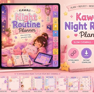 May include: A digital Kawaii Night Routine Planner with a pink and purple theme. The planner includes pages for weekly resets, mood tracking, and evening routines. The image also features a tablet, a pencil, and a cute bunny illustration.