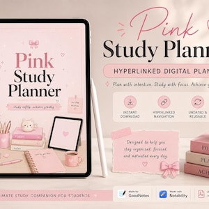 May include: A digital pink study planner displayed on a tablet, with the text "Pink Study Planner". The image includes a stylus, books, a mug, and a vase with flowers. The text reads "Plan with intention. Study with focus. Achieve your best."