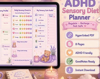 Planificador de dieta sensorial Kawaii para TDAH / Apto para autismo, PDF con hipervínculos de GoodNotes
