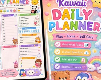 Agenda diaria Kawaii, horario de autocuidado de una página (descarga digital)