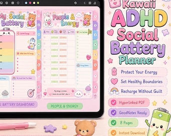 Kawaii ADHD Social Battery Planner | Energy Tracker, Boundaries Journal (Digital Download)