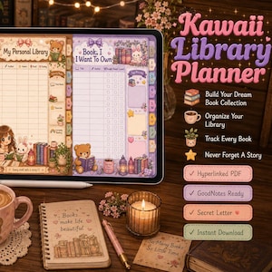 Può includere: Un planner digitale Kawaii Library Planner visualizzato su uno schermo di tablet, con sezioni per il monitoraggio della biblioteca personale e liste dei desideri con personaggi illustrati. Include titoli come My Personal Library.