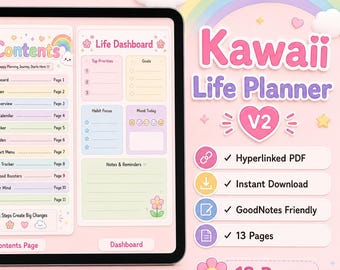 Planificador de vida Kawaii V2 / Rastreador digital de hábitos, estado de ánimo y autocuidado (PDF con hipervínculos)