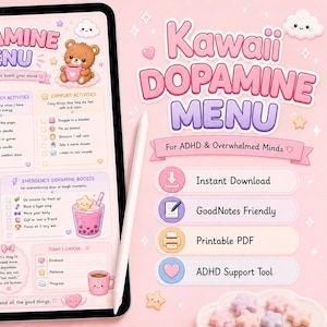 Könnte beinhalten: Ein digitales Tablet mit einem Kawaii Dopamine Menu Planer in Pastellrosa, illustriert mit einem weißen Hasen und einem braunen Bären, inklusive kategorisierter Listen für stimmungsaufhellende Aktivitäten und Text wie Dopamine Menu und Today I Choose.