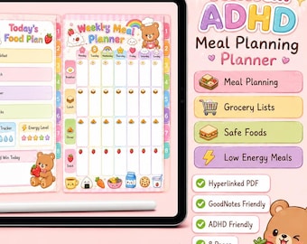 Planificador de comidas para personas con TDAH / Organizador digital de alimentos Kawaii (compatible con GoodNotes)