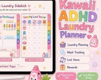 Planificador de lavandería Kawaii para personas con TDAH / PDF con hipervínculos para GoodNotes y seguimiento de lavados