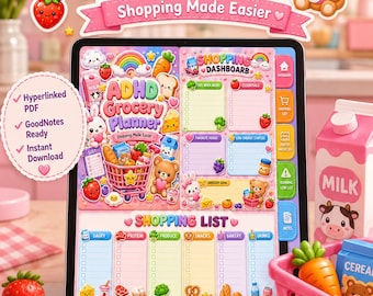 Planificador de compras para personas con TDAH / Lista de compras digital Kawaii, inventario de despensa (PDF de GoodNotes)