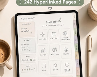 Planificador digital para TDAH / Organizador de enfoque con hipervínculos de 242 páginas (PDF imprimible)