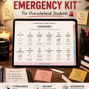 Op de afbeelding: Een digitale studie-noodkit voor studenten, weergegeven op een tablet. De kit bevat een dashboard met studietools, motiverende plaknotities en de tekst "Stop met paniek. Begin met plannen."