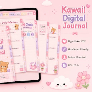 May include: A digital journal displayed on a tablet screen, featuring a light pink plaid cover with a white rabbit and brown bear illustration. The text reads Kawaii Digital Journal. The interface includes hyperlinked tabs, mood check pages, and daily reflection prompts. The document size is 8.5 x 11 inches.