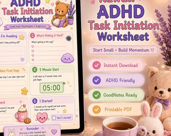 Feuille de travail d'initiation aux tâches du TDAH Kawaii | Assistant pour les dysfonctionnements exécutifs (téléchargement numérique)
