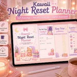 May include: A digital Kawaii Night Reset Planner displayed on a tablet. The planner features soft pink and purple hues, with illustrations of a bunny and bear. Text includes "Soft Evenings, Peaceful Routines, Digital Download."