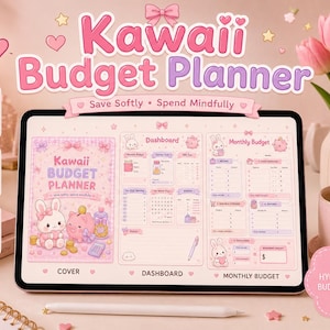 May include: A digital Kawaii Budget Planner on a tablet, with a pink and purple design and bunny and pig illustrations. The planner includes sections for cover, dashboard, and monthly budget, with the text "Save Softly, Spend Mindfully."