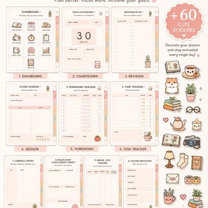 May include: Digital study planner with 10 hyperlinked pages, including a dashboard, countdown, and task tracker. Features cute stickers and is iPad friendly. The text reads: "Everything you need to study smarter."