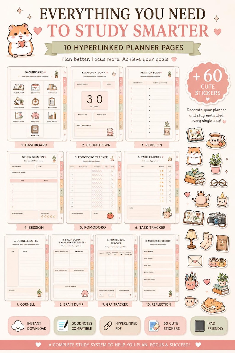 May include: Digital study planner with 10 hyperlinked pages, including a dashboard, countdown, and task tracker. Features cute stickers and is iPad friendly. The text reads: "Everything you need to study smarter."