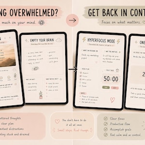 May include: Four digital tablets displaying productivity and mindfulness content. The screens show text like "Feeling Overwhelmed?" and "Get Back in Control." The tablets feature a timer, checklists, and prompts for self-reflection. The color scheme is soft, with beige and pink tones.