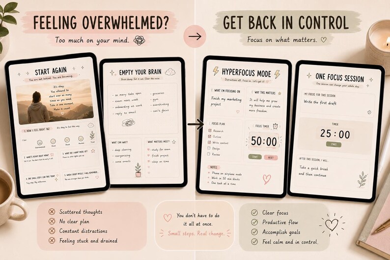 May include: Four digital tablets displaying productivity and mindfulness content. The screens show text like "Feeling Overwhelmed?" and "Get Back in Control." The tablets feature a timer, checklists, and prompts for self-reflection. The color scheme is soft, with beige and pink tones.