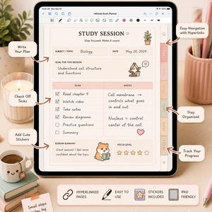 May include: Digital planner on an iPad screen with the text "Designed for GoodNotes." The planner includes sections for study sessions, goal setting, and note-taking. Cute stickers and a coffee cup are also visible.