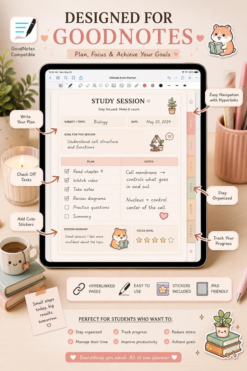 May include: Digital planner on an iPad screen with the text "Designed for GoodNotes." The planner includes sections for study sessions, goal setting, and note-taking. Cute stickers and a coffee cup are also visible.