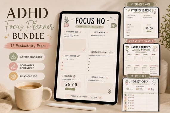 ADHD Focus Planner Bundle, Productivity PDF, GoodNotes Study Planner