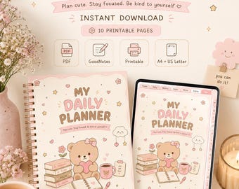 Paquete acogedor de planificador Kawaii, GoodNotes rosa pastel, cuidado personal (descarga digital)