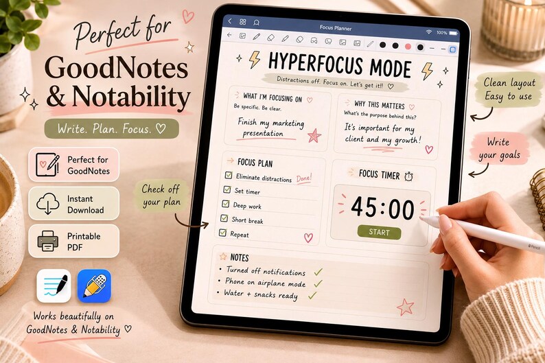 May include: A digital planner on a tablet screen with the text "HYPERFOCUS MODE." The planner includes sections for focus plans, timers, and notes. The image also features the text "Perfect for GoodNotes & Notability" and "Write. Plan. Focus."