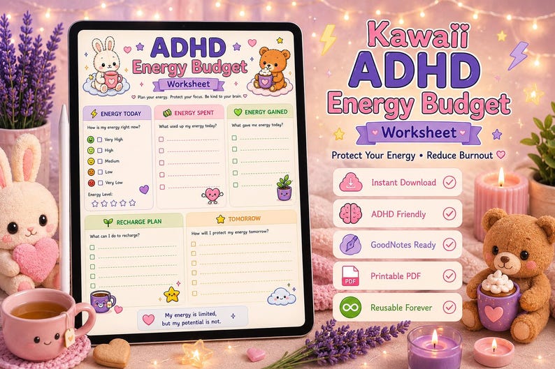 ADHD Energy Budget Worksheet | Planner Printable, Burnout Recovery (Digital Download) image 1