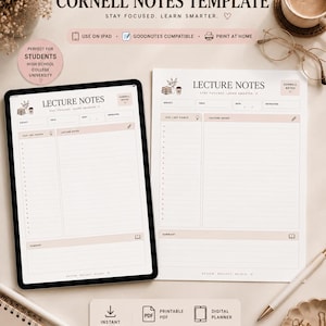 Puede incluir: Plantilla de notas Cornell digital e imprimible con el texto «Mantente concentrado. Aprende de forma más inteligente». La imagen incluye una tableta y una página impresa, ambas mostrando el diseño «Notas de clase». La plantilla es para estudiantes.