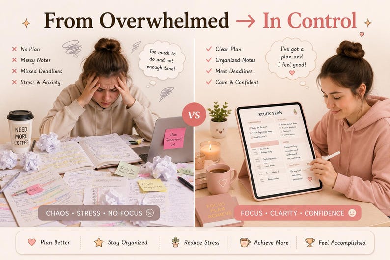 May include: A split image contrasts 'From Overwhelmed' to 'In Control'. One side shows a stressed person with messy notes and a coffee cup. The other side shows a person using a tablet with a study plan.